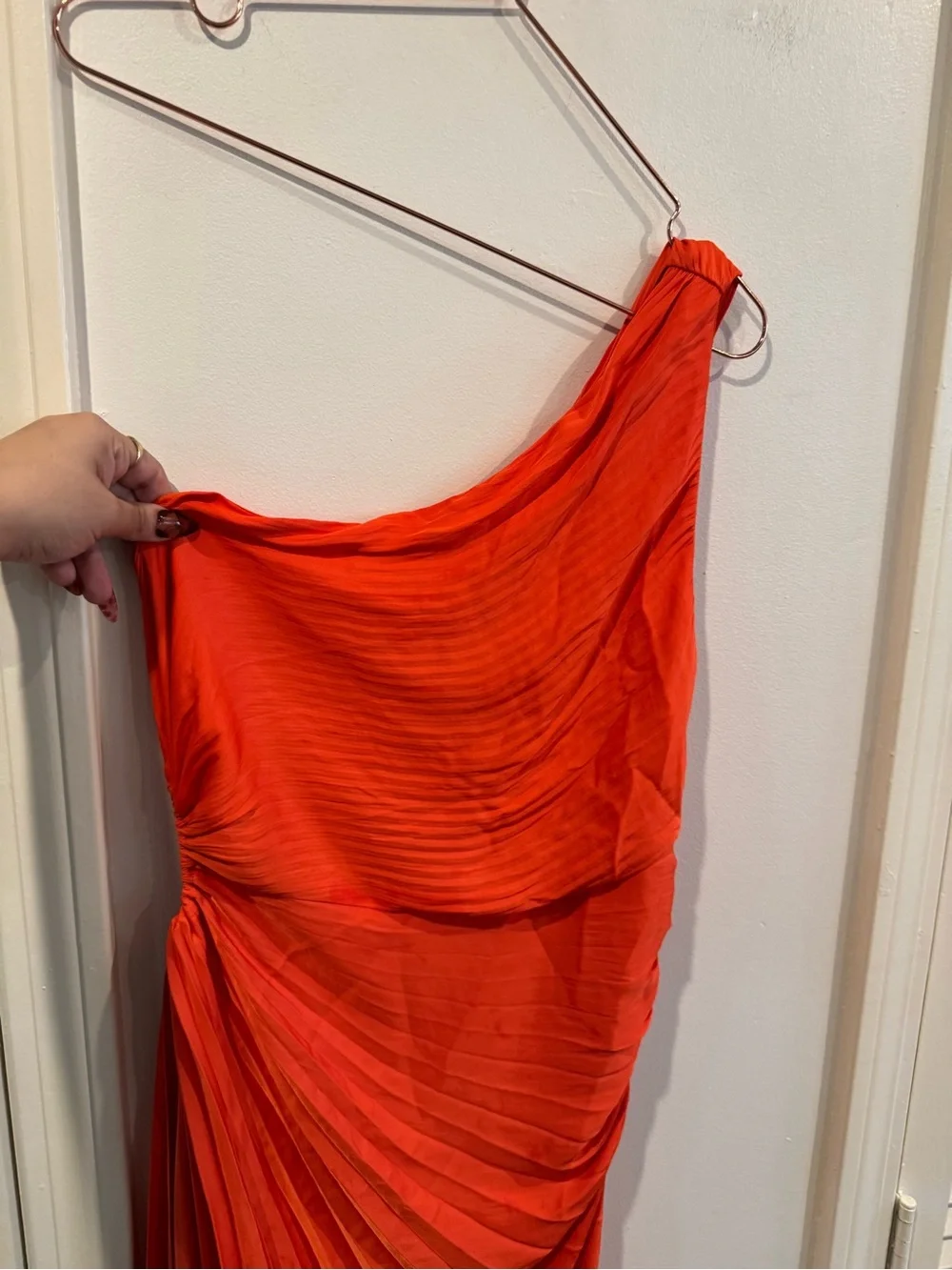 House Of Harlow 1960 One Shoulder Pleated Orange Asymmetrical Midi Dress Sz M